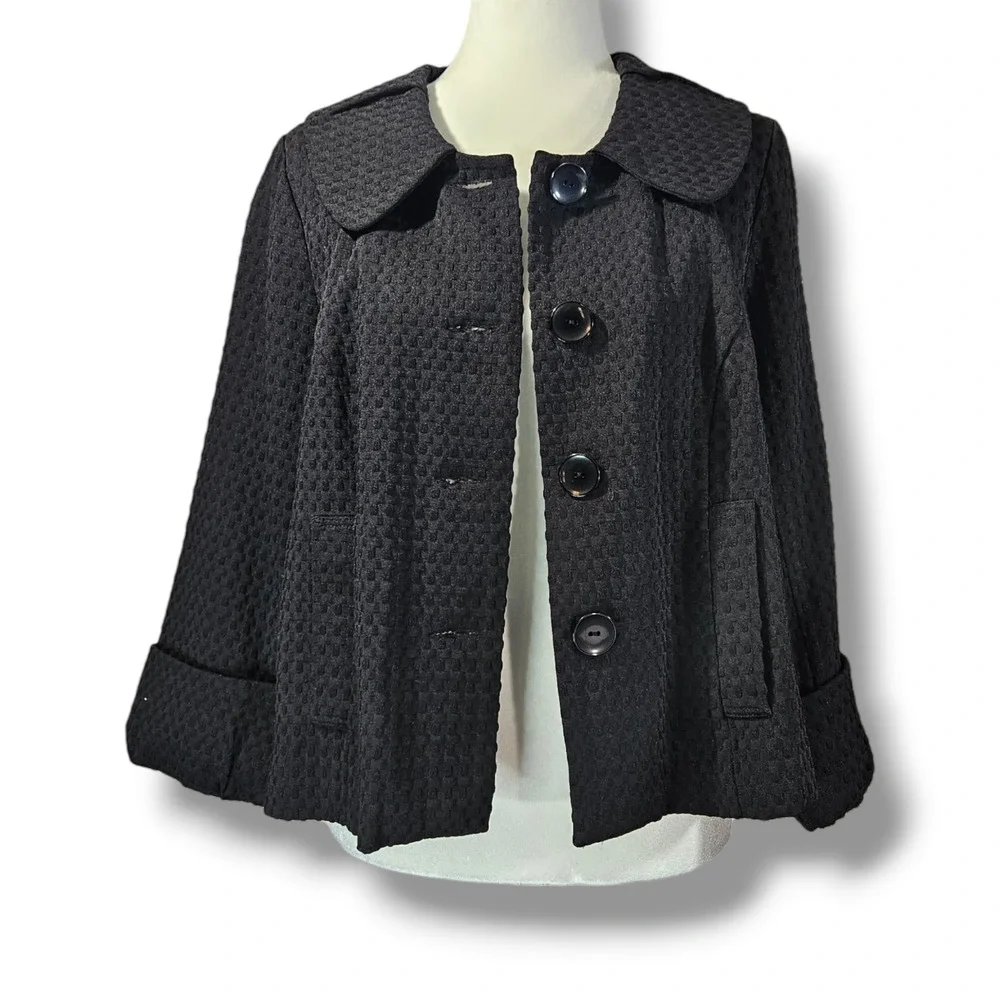 VTG EUC Du Jour Black‎ Textured Rounded Flat Collar Button-Down Jacket Size M